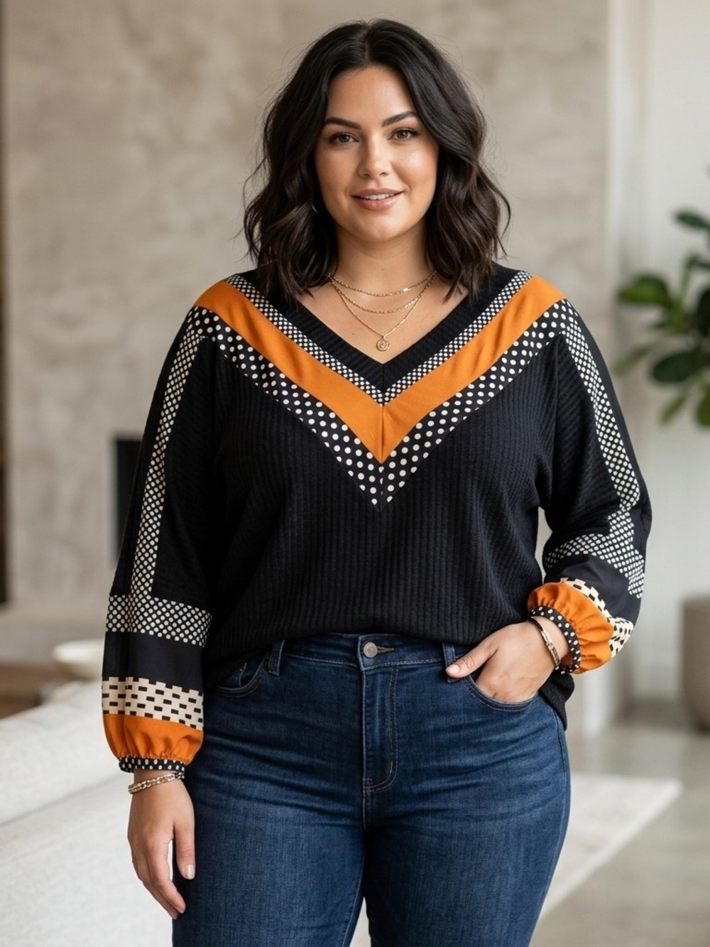 Plus Size Black V-Neck Top with Orange & Polka Dot Trim
